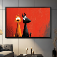 Funny Cat and Dog Red Canvas Wall Art