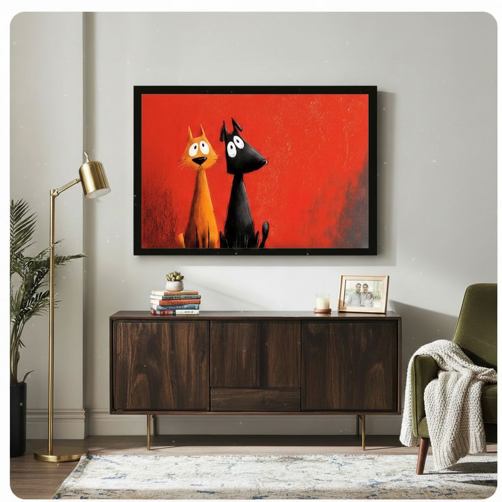 Funny Cat and Dog Red Canvas Wall Art