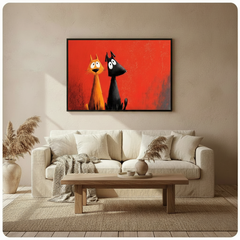 Funny Cat and Dog Red Canvas Wall Art