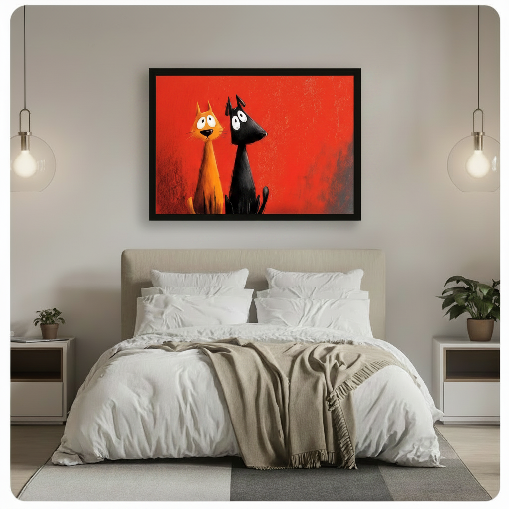Funny Cat and Dog Red Canvas Wall Art