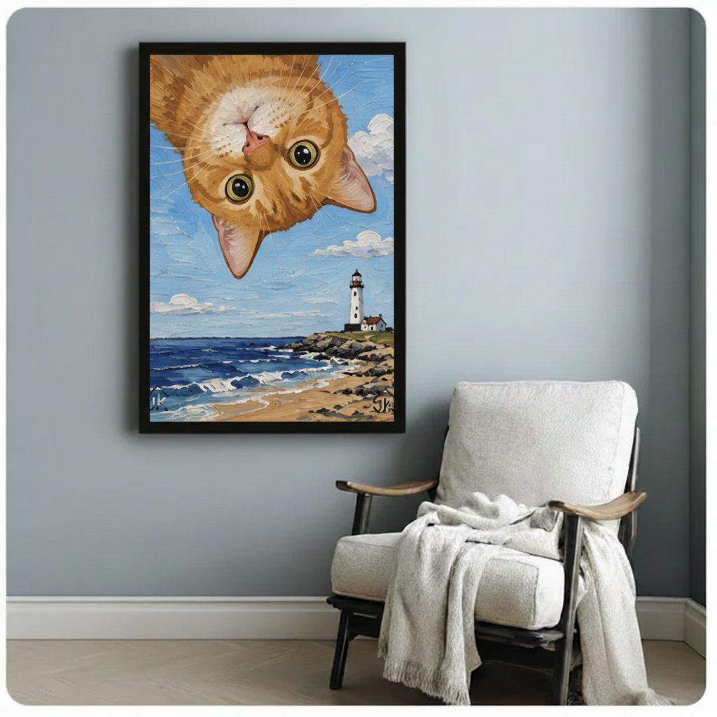 Upside Down Cat Lighthouse Coastal Canvas Art
