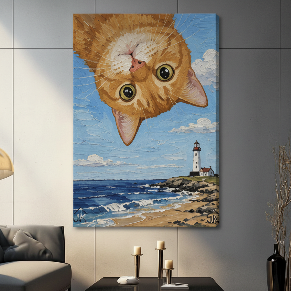 Upside Down Cat Lighthouse Coastal Canvas Art