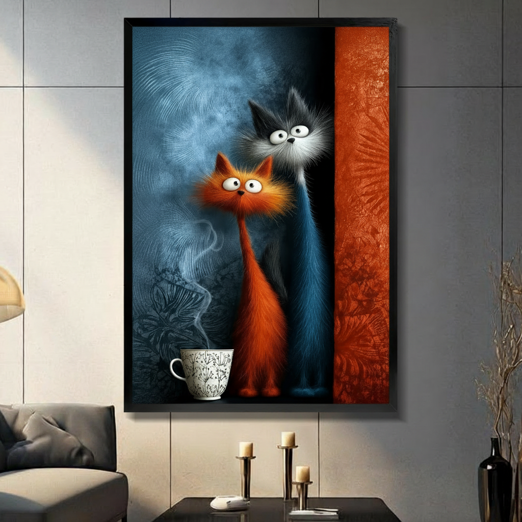 Two Cats Coffee Morning Whimsical Canvas Art Wall Art