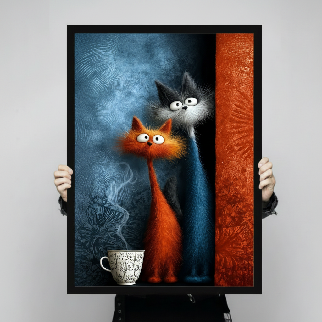 Two Cats Coffee Morning Whimsical Canvas Art Wall Art