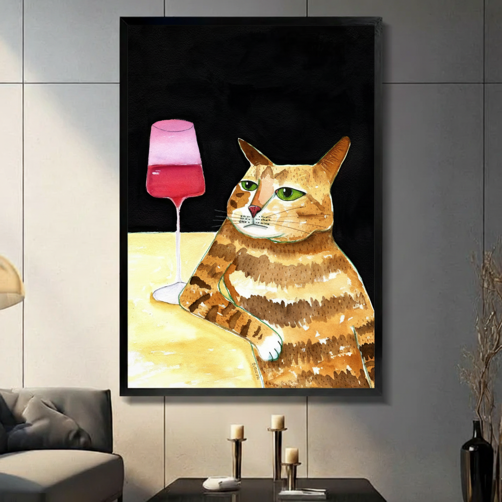 Orange Tabby Cat Wine Funny Canvas Wall Art