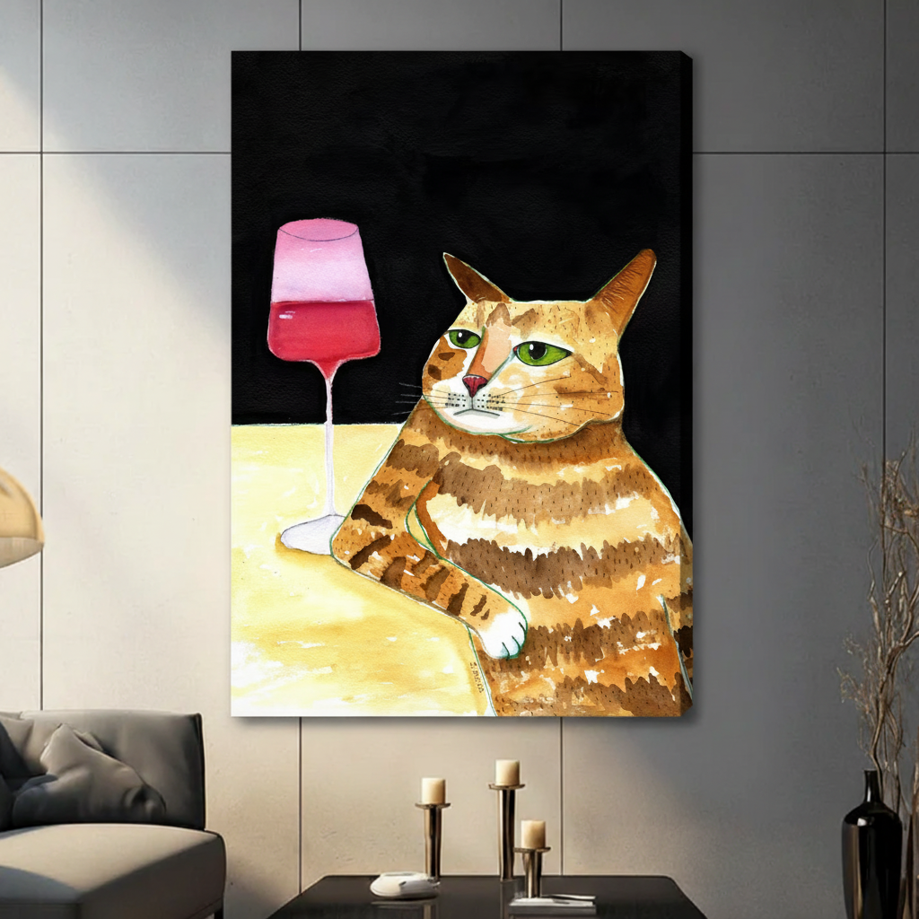 Orange Tabby Cat Wine Funny Canvas Wall Art