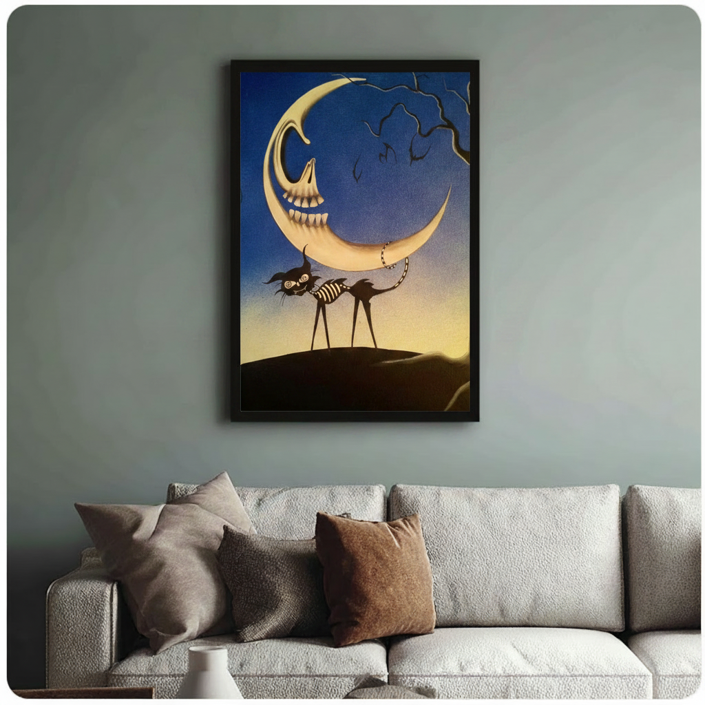 Skeleton Moon Gothic Black Cat Canvas Print Wall Art