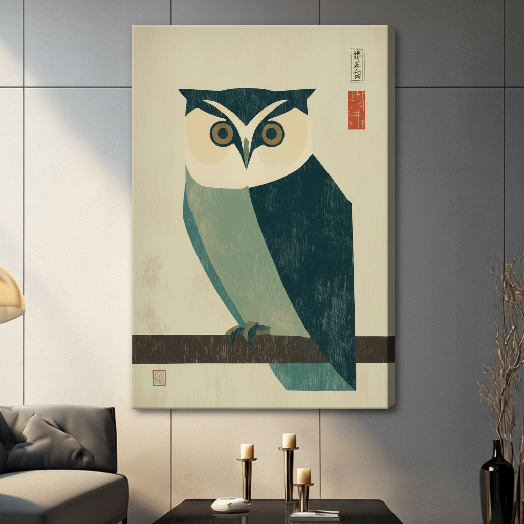 Japanese Woodblock Owl Framed Canvas Wall Art
