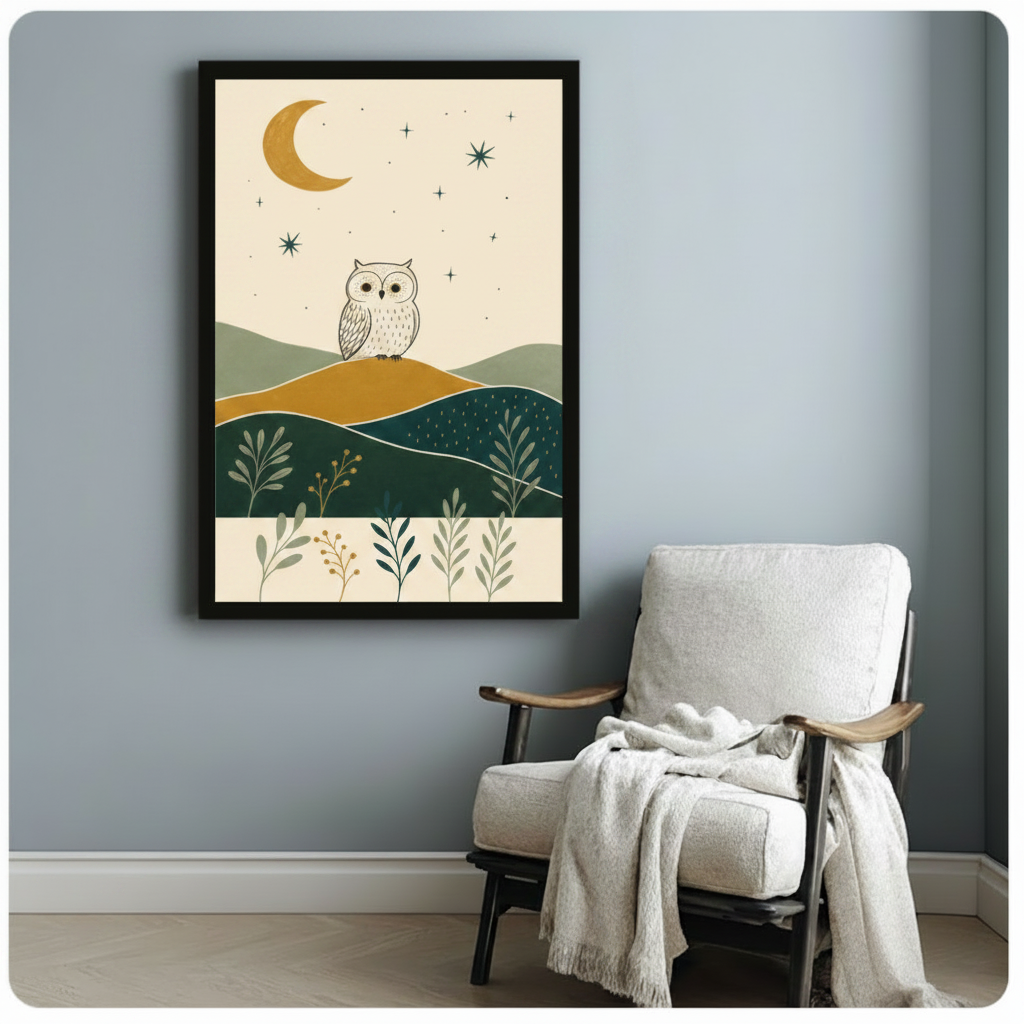 Boho Owl Moon Night Illustration Canvas Art Wall Art