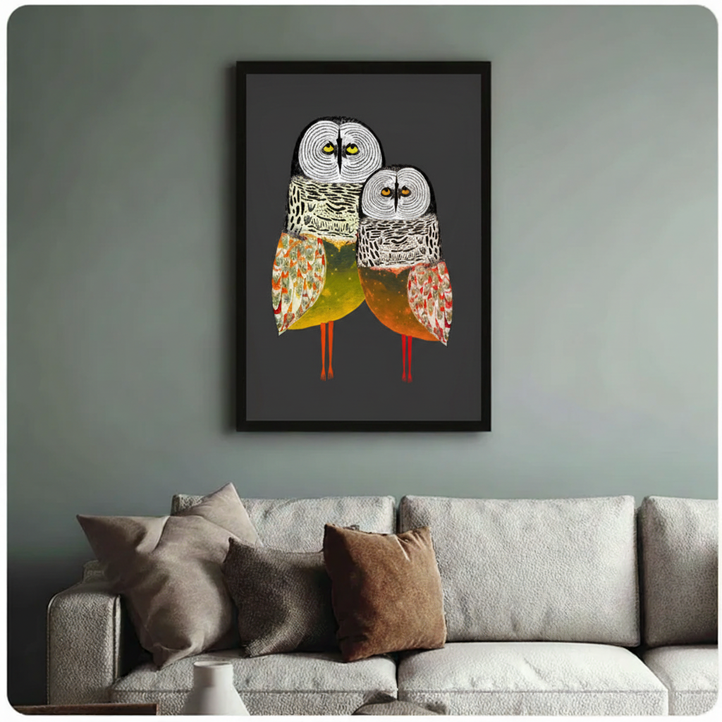 Owl Duo Folk Art Canvas Wall Art