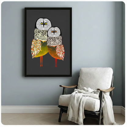 Owl Duo Folk Art Canvas Wall Art