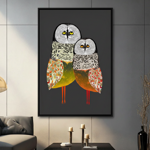 Owl Duo Folk Art Canvas Wall Art