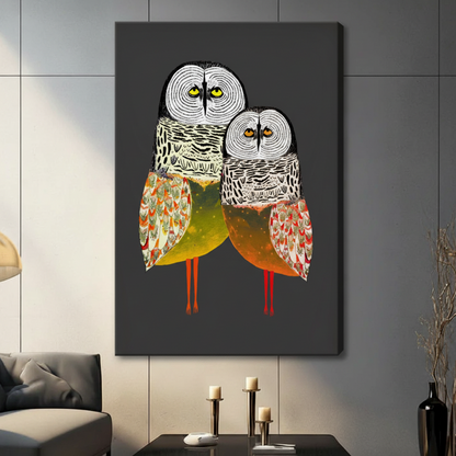 Owl Duo Folk Art Canvas Wall Art