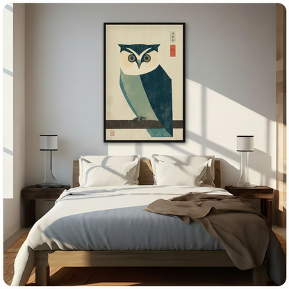 Japanese Woodblock Owl Framed Canvas Wall Art