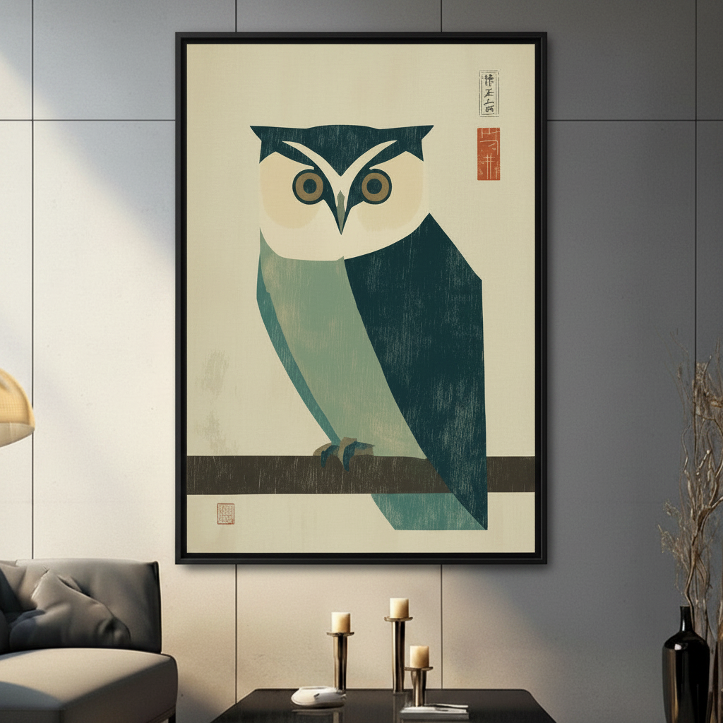 Japanese Woodblock Owl Framed Canvas Wall Art