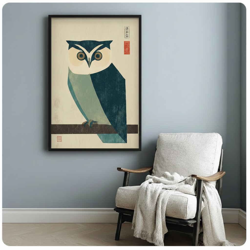 Japanese Woodblock Owl Framed Canvas Wall Art