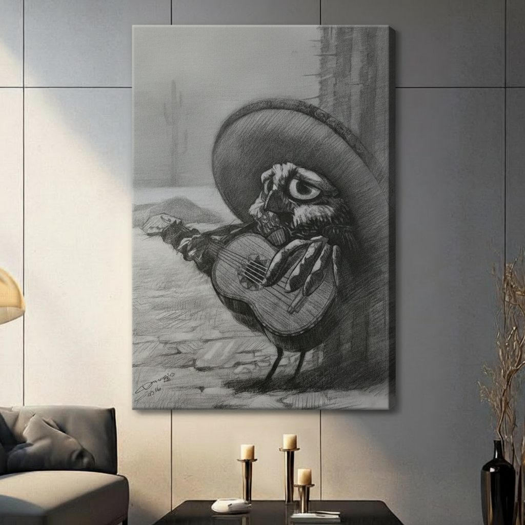 Mariachi Owl Guitar Sombrero Charcoal Canvas Art