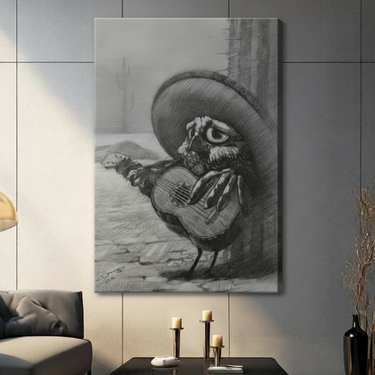 Mariachi Owl Guitar Sombrero Charcoal Canvas Art
