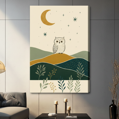 Boho Owl Moon Night Illustration Canvas Art Wall Art
