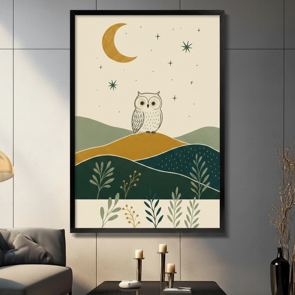 Boho Owl Moon Night Illustration Canvas Art Wall Art