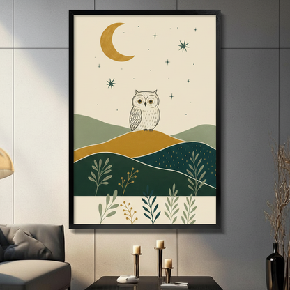 Boho Owl Moon Night Illustration Canvas Art Wall Art