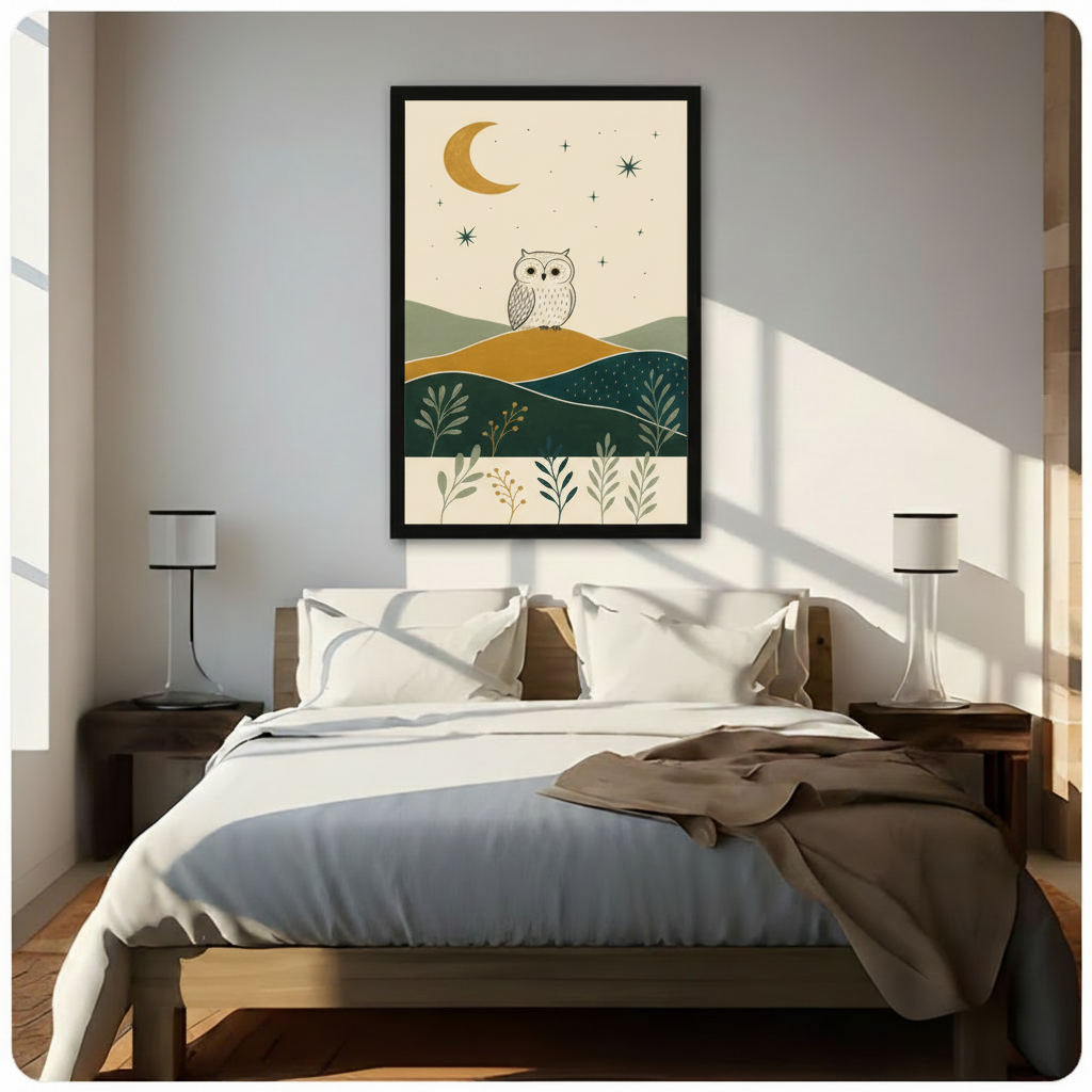 Boho Owl Moon Night Illustration Canvas Art Wall Art