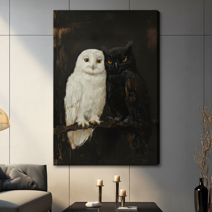 Dark Academia Black White Owl Duo Canvas Art Wall Art