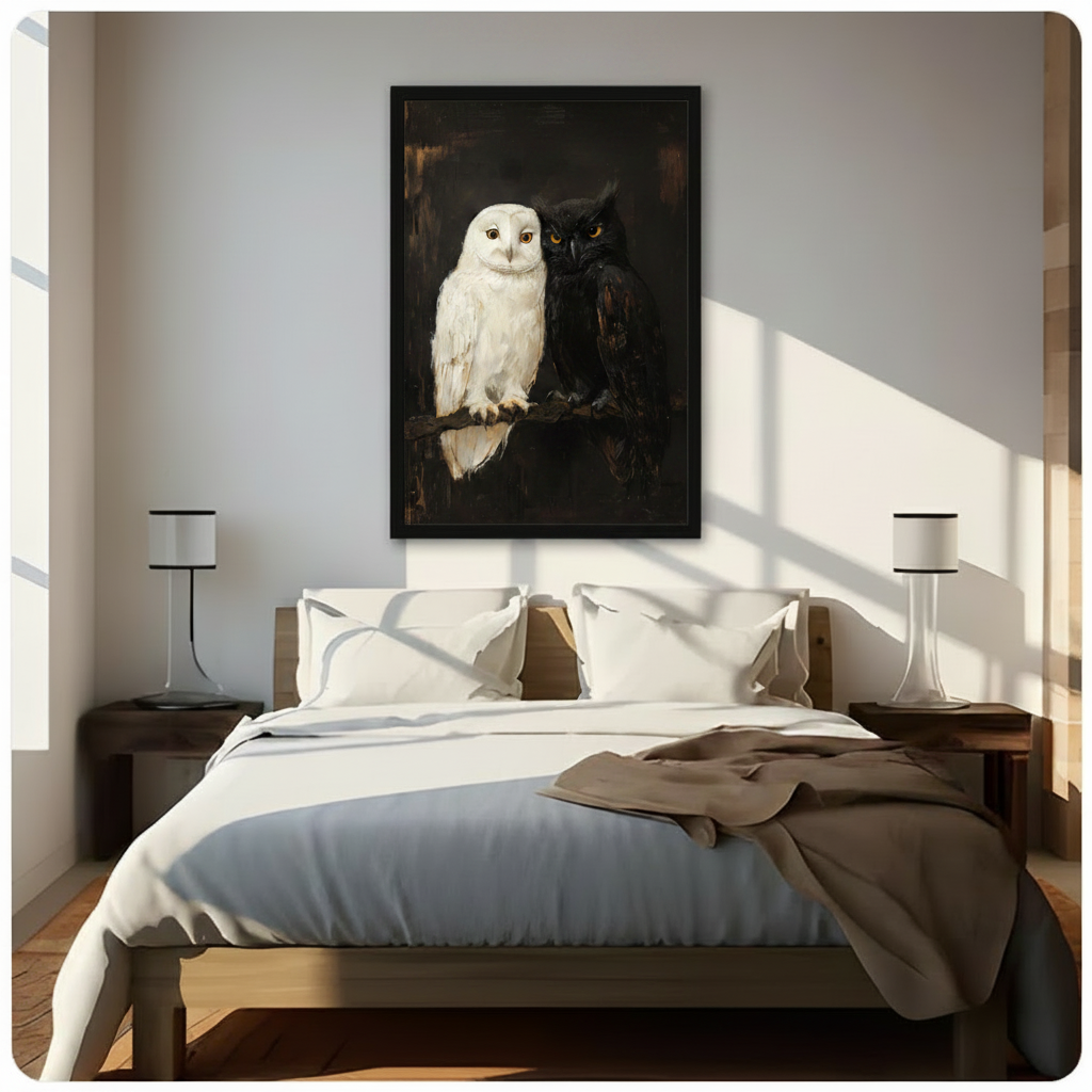 Dark Academia Black White Owl Duo Canvas Art Wall Art