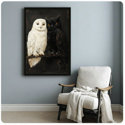Dark Academia Black White Owl Duo Canvas Art Wall Art
