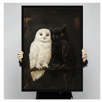 Dark Academia Black White Owl Duo Canvas Art Wall Art