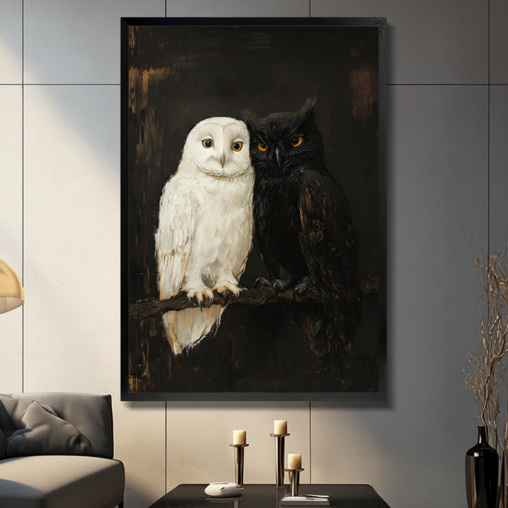 Dark Academia Black White Owl Duo Canvas Art Wall Art