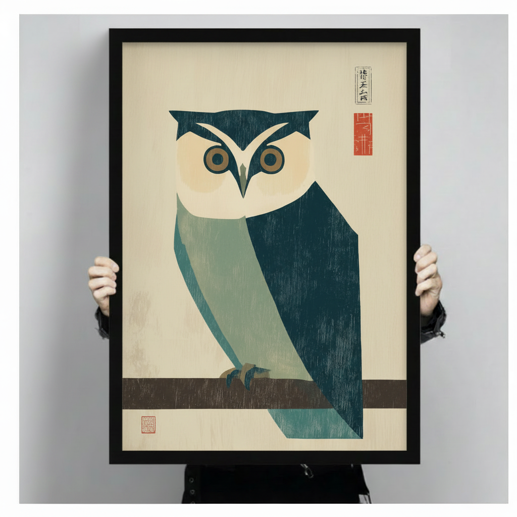 Japanese Woodblock Owl Framed Canvas Wall Art