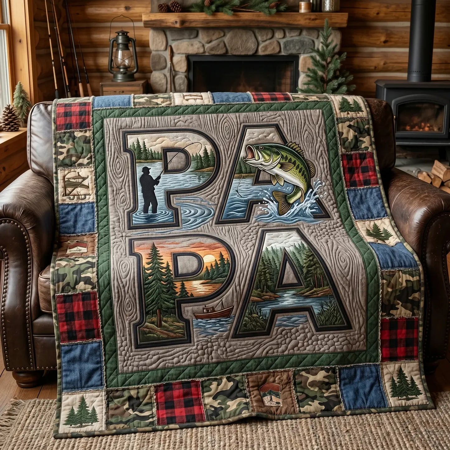 Papa Fishing Quilt Blanket