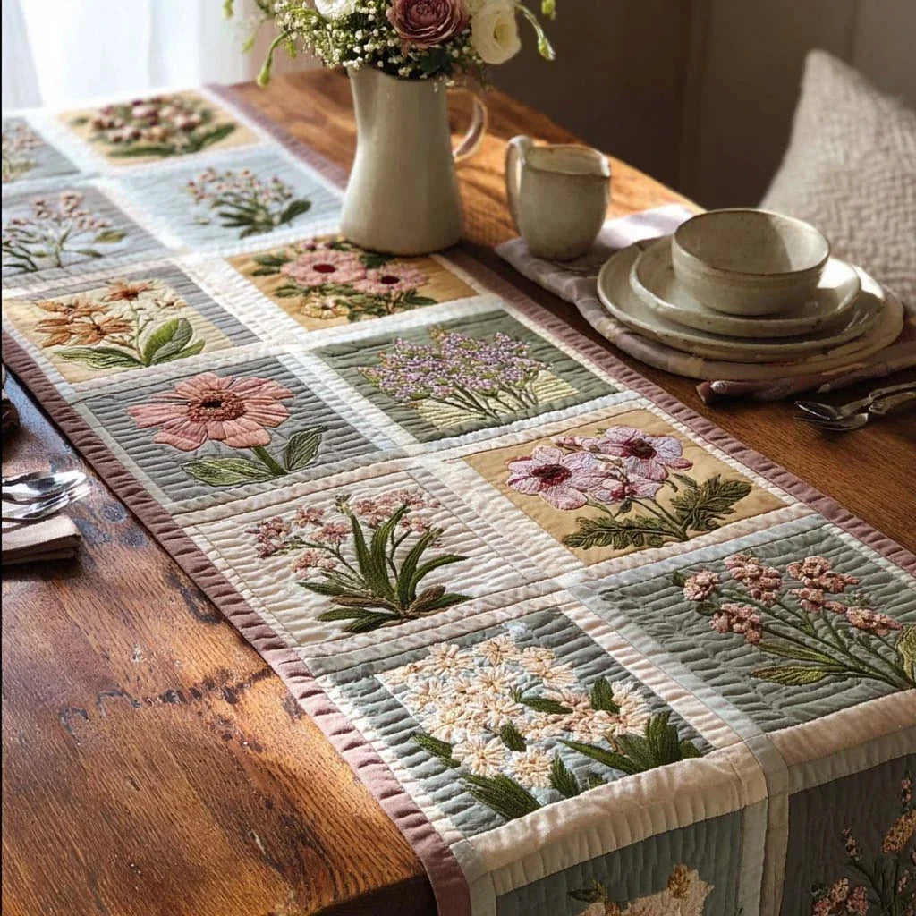 Pastel Bloom Grid Quilted Table Runner