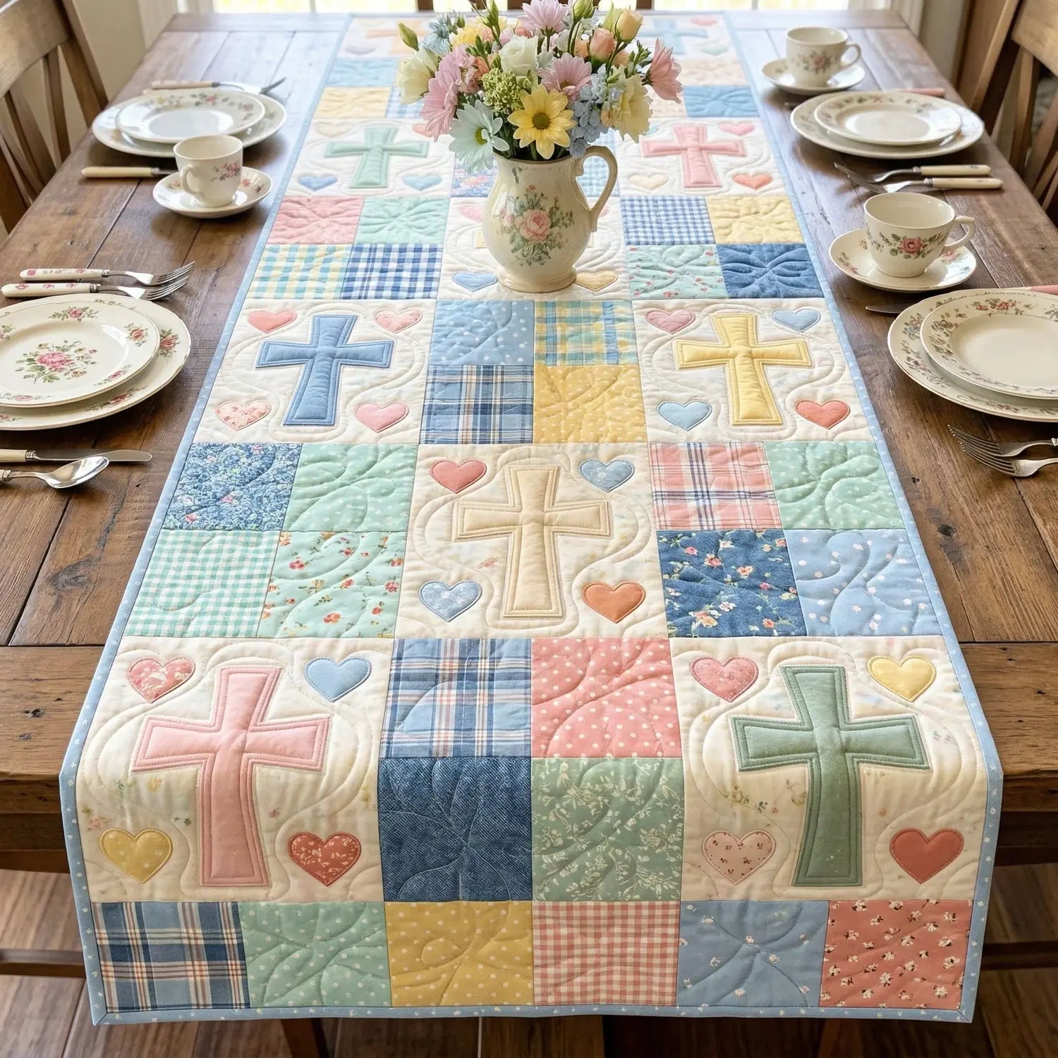 Pastel Cross Quilted Table Runner