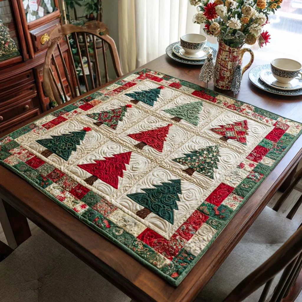 Patchwork Christmas Trees Quilted Table Topper