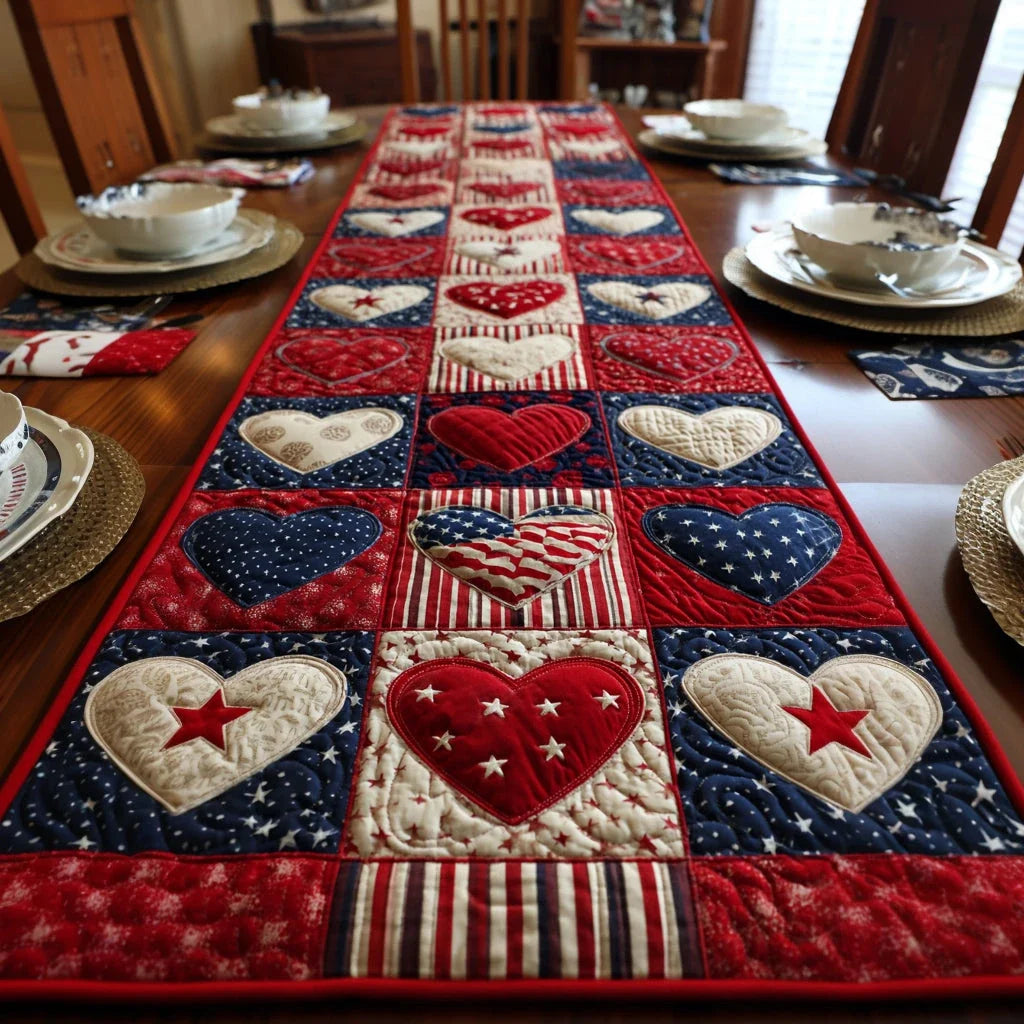 Patriotic Heart Star Quilted Table Runner