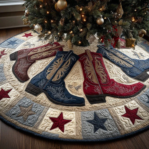 Patriotic Rodeo Boot Christmas Quilted Tree Skirt