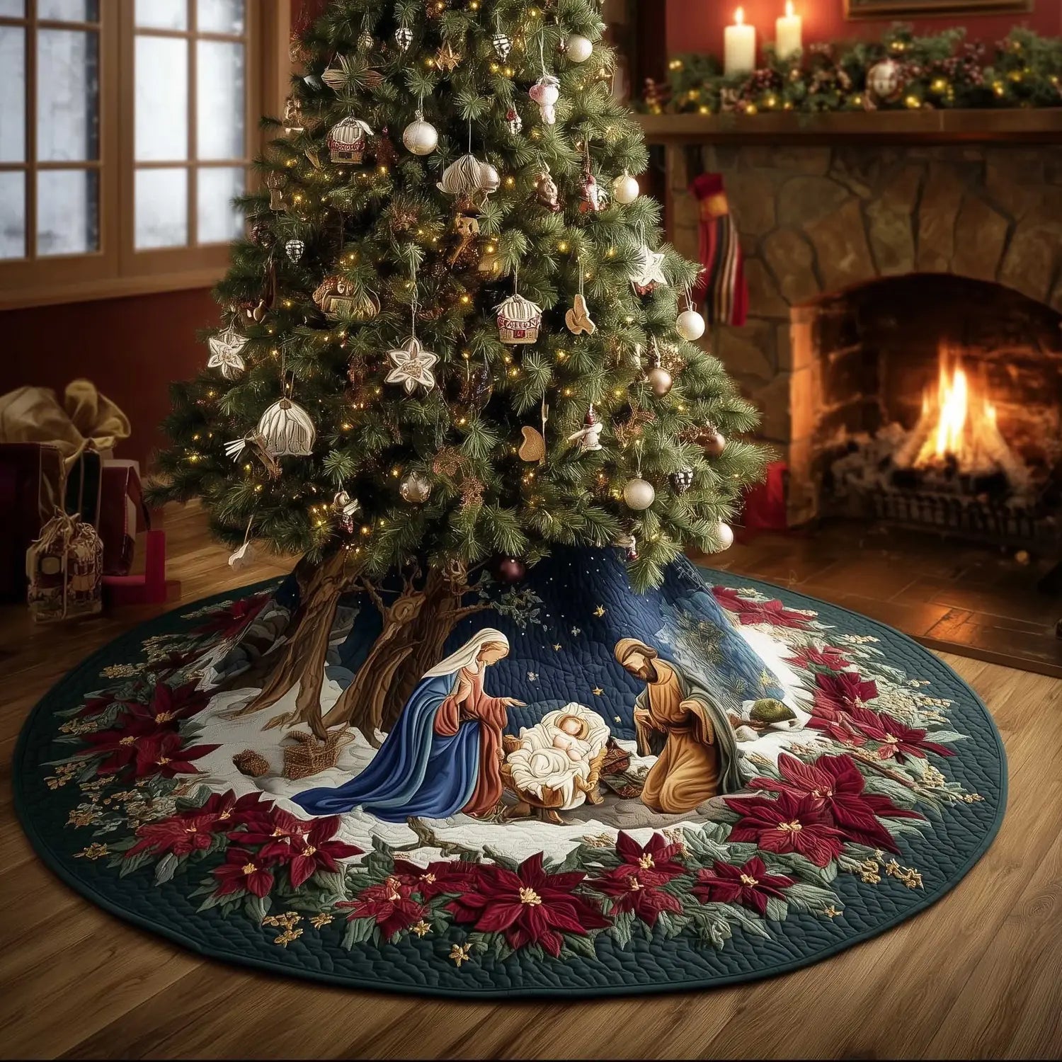 Peaceful Bethlehem Night Christmas Quilted Tree Skirt