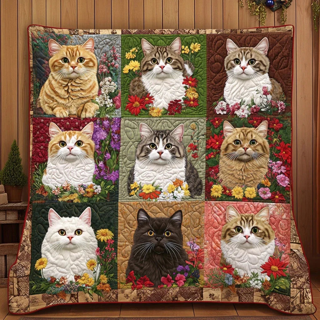 Peaceful Bloom Cat Quilt Blanket
