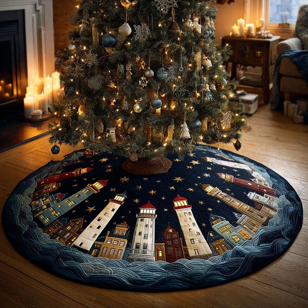 Peaceful Lighthouse Christmas Quilted Tree Skirt