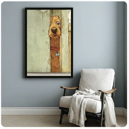 Peeking Dog Door Vintage Canvas Wall Art