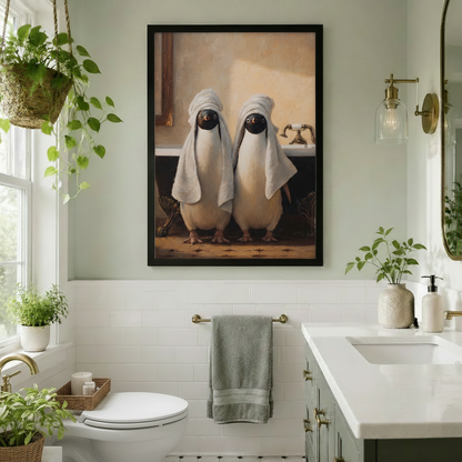 Vintage Penguins in Towels Bathroom Canvas Art