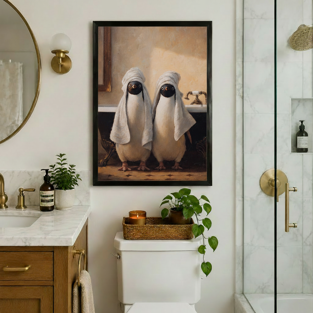 Vintage Penguins in Towels Bathroom Canvas Art