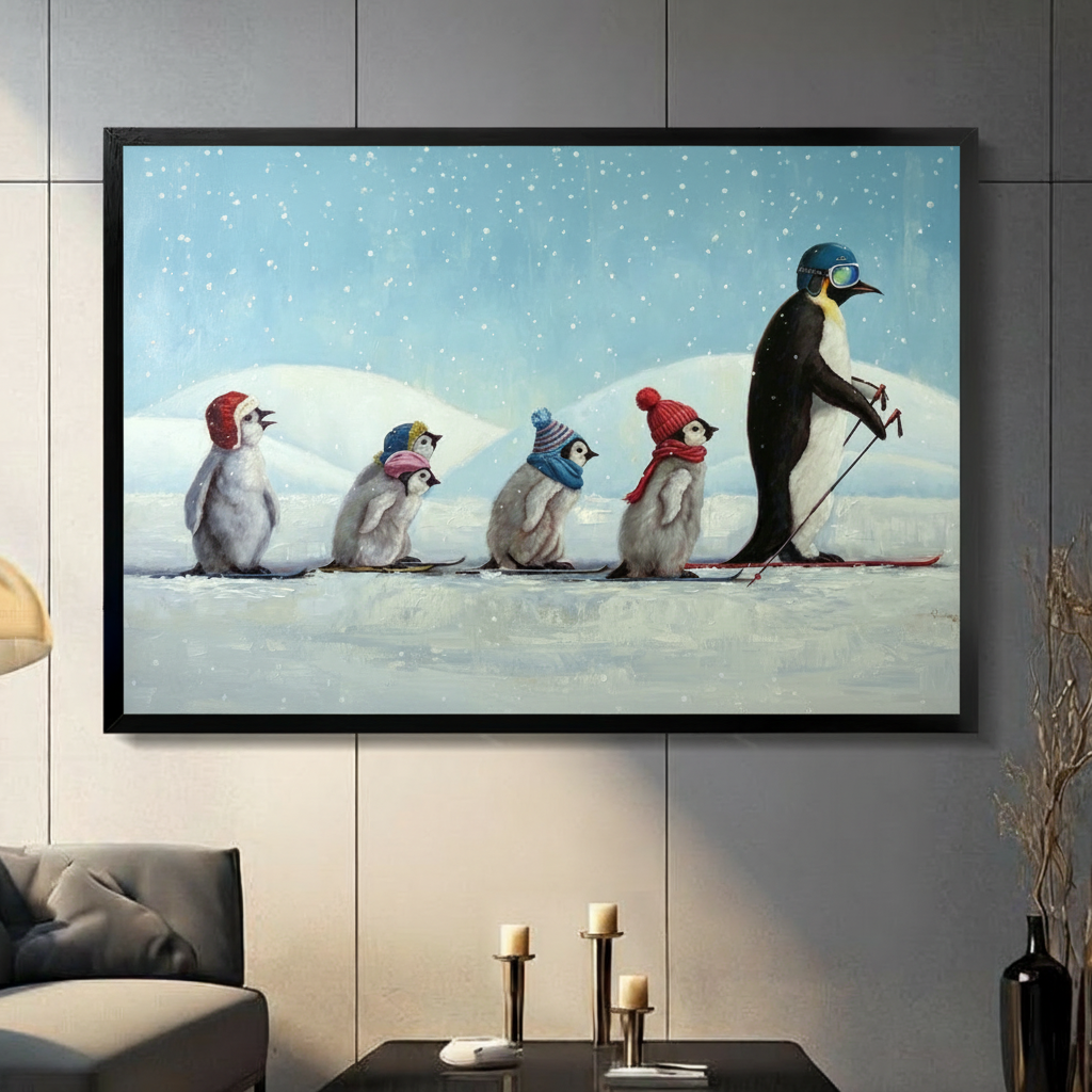 Penguin Family Ski Adventure Canvas Wall Art