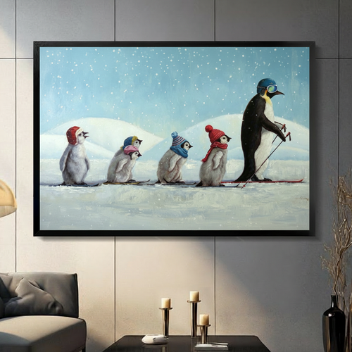 Penguin Family Ski Adventure Canvas Wall Art