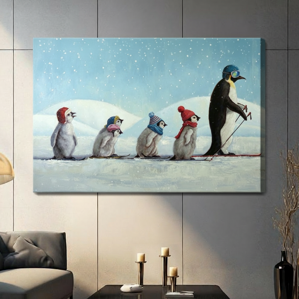 Penguin Family Ski Adventure Canvas Wall Art