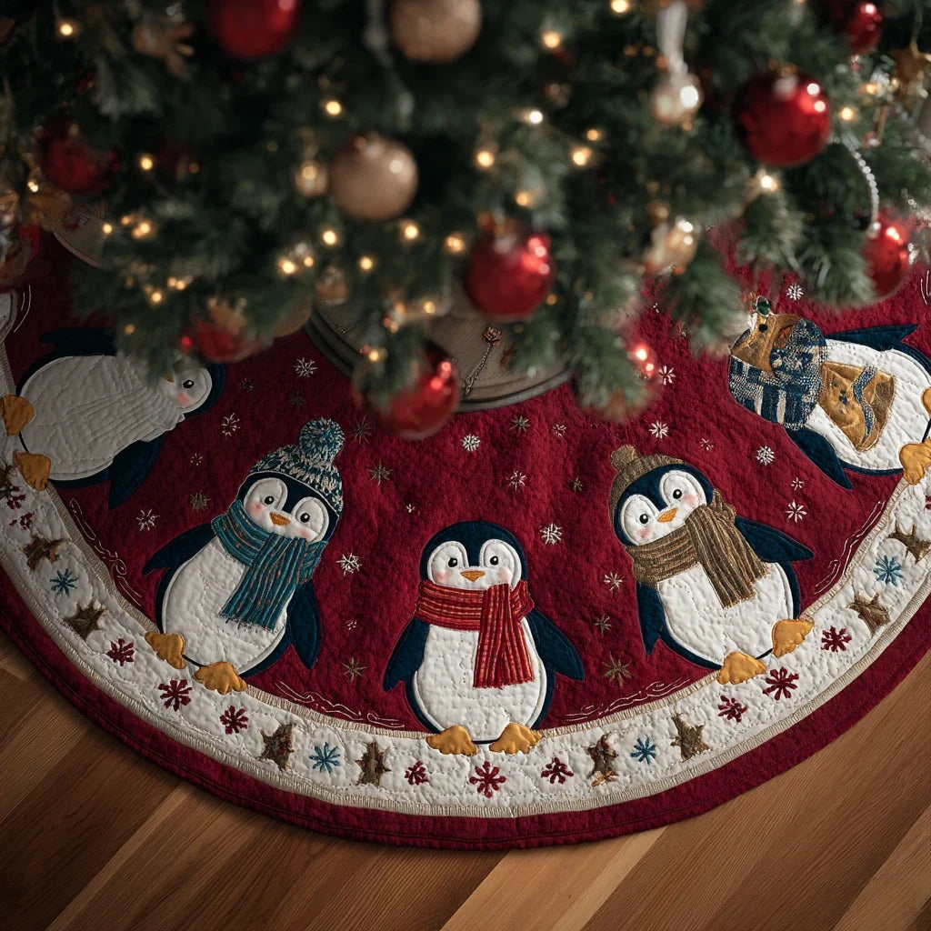 Penguin Glow Christmas Quilted Tree Skirt