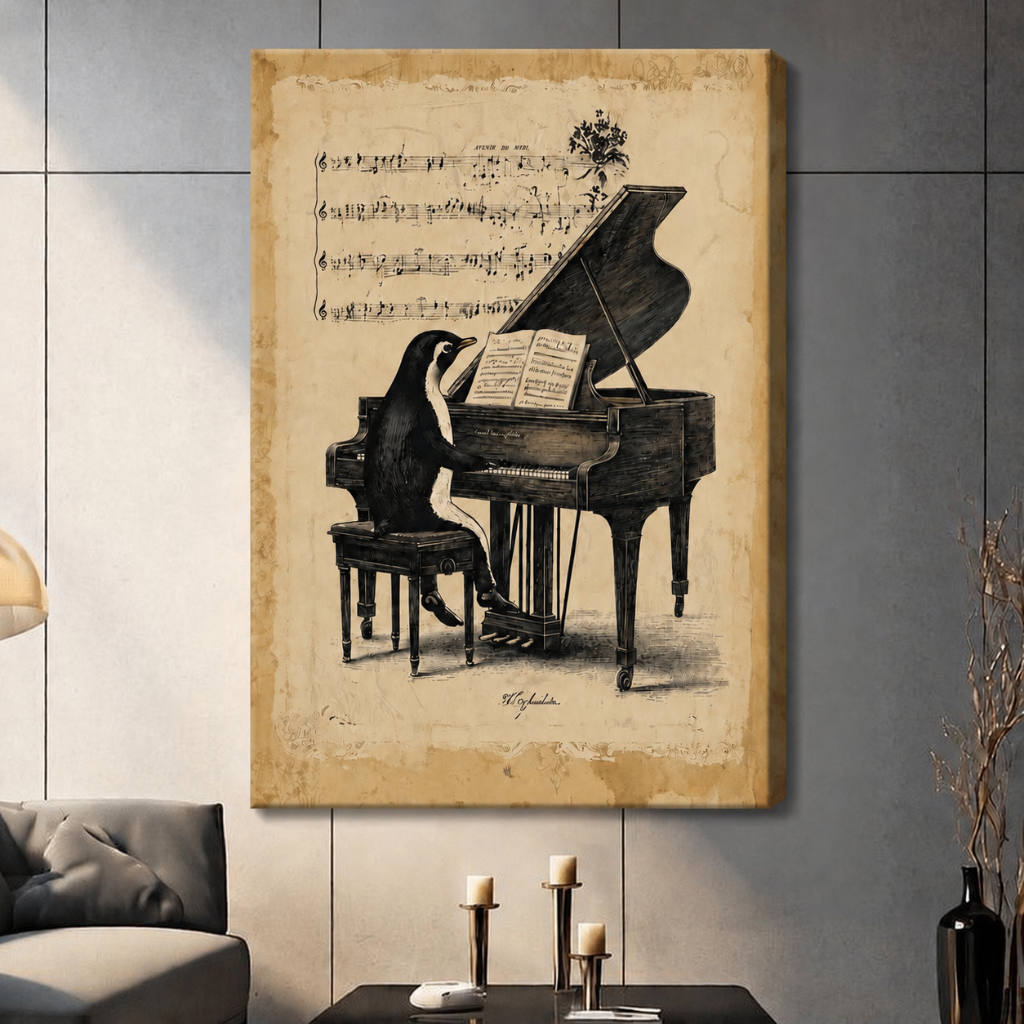 Vintage Penguin Piano Player Canvas Wall Art