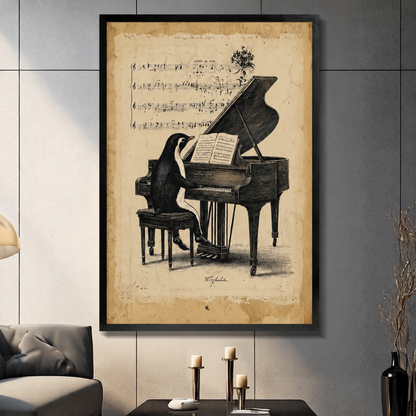 Vintage Penguin Piano Player Canvas Wall Art
